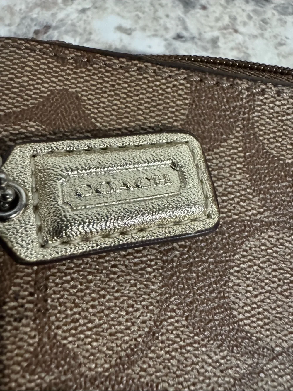 Coach Peyton Signature Small Wristlet Brown Gold Monogram